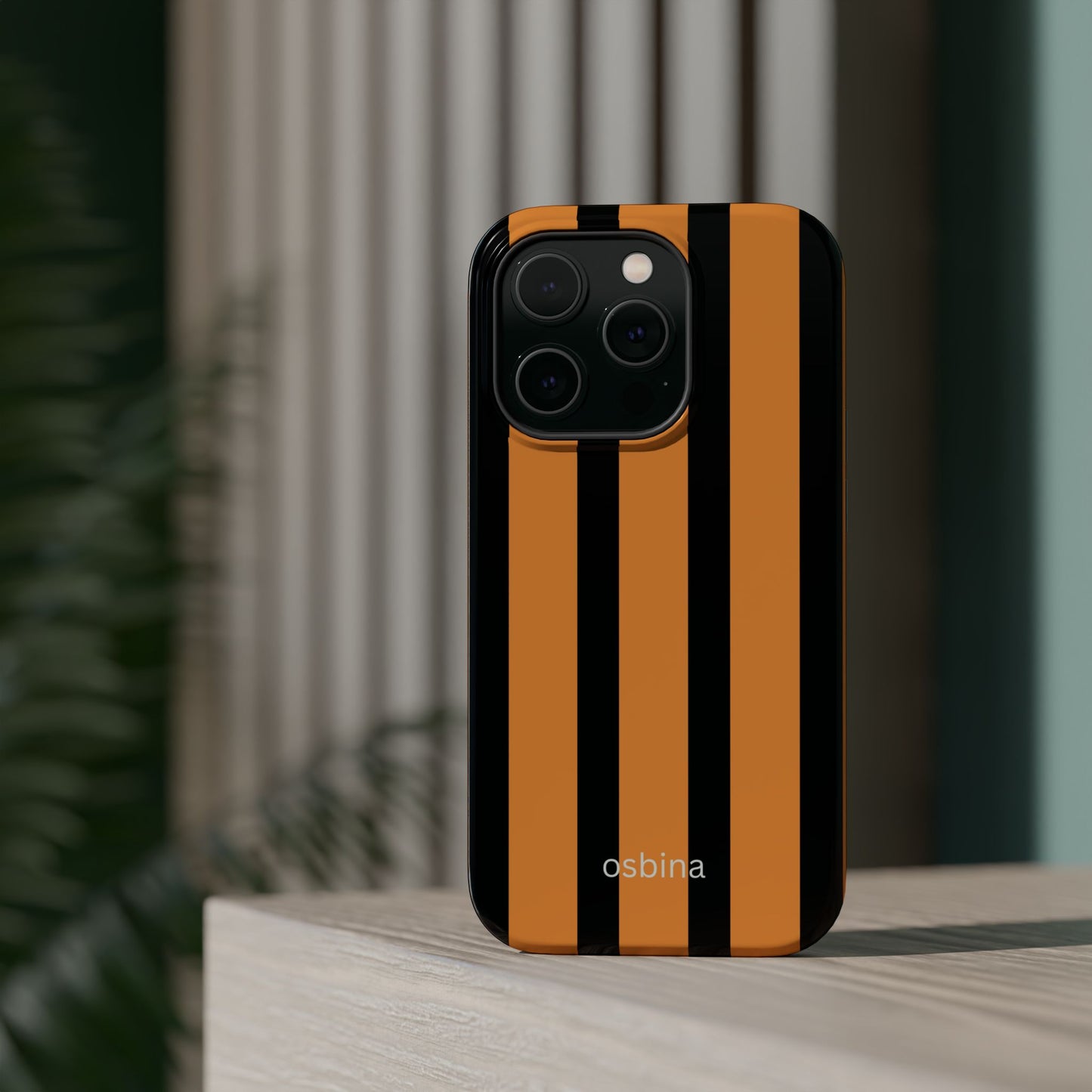 osbina | MagSafe Compatible for iPhone | The Statement Stripe Case in Black + Orange | The Season Collective