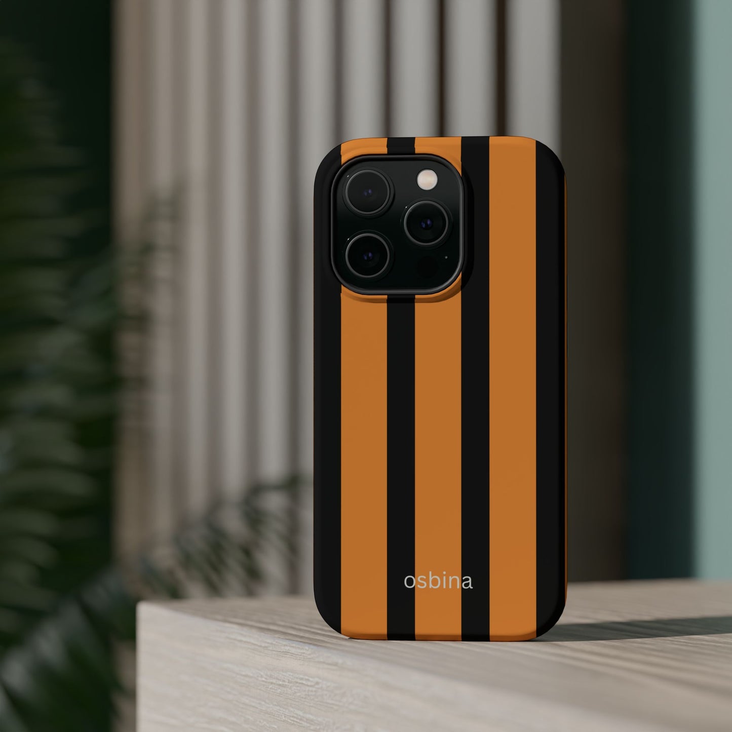 osbina | MagSafe Compatible for iPhone | The Statement Stripe Case in Black + Orange | The Season Collective