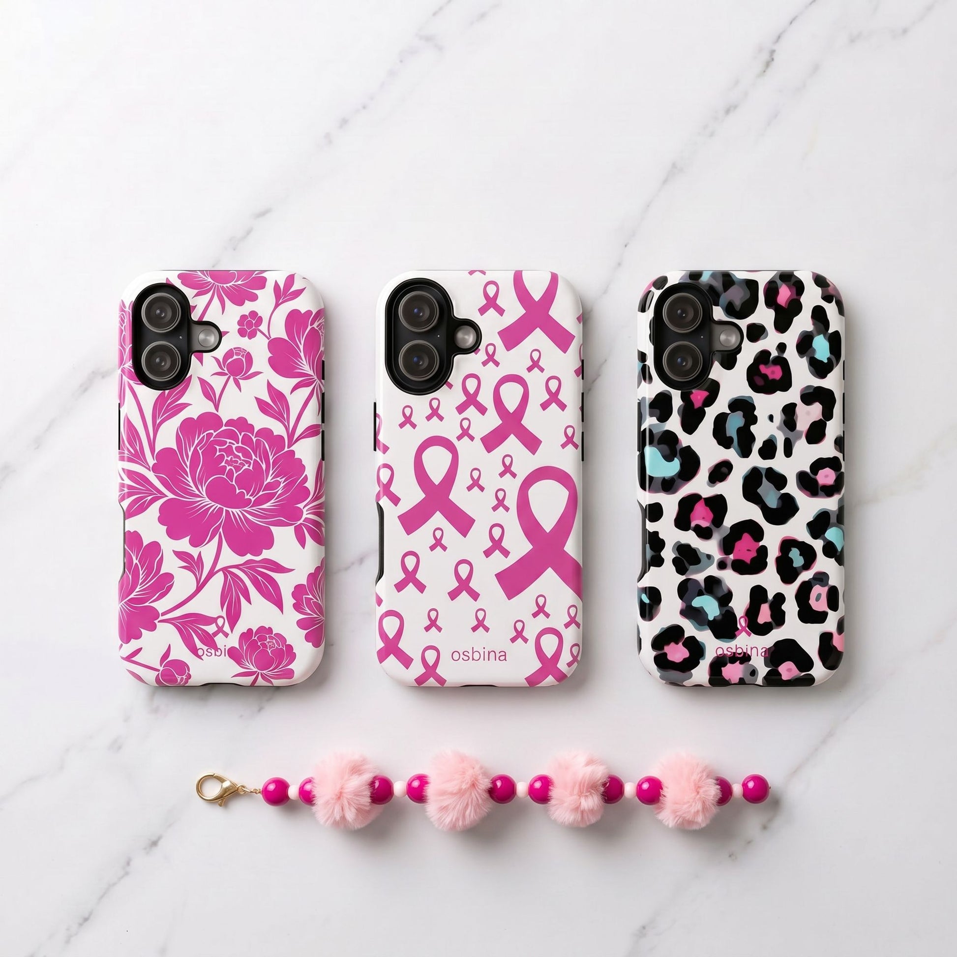 The Pink Ribbon Cloud Charm by osbina styled with YAYOU Give Back cases on marble