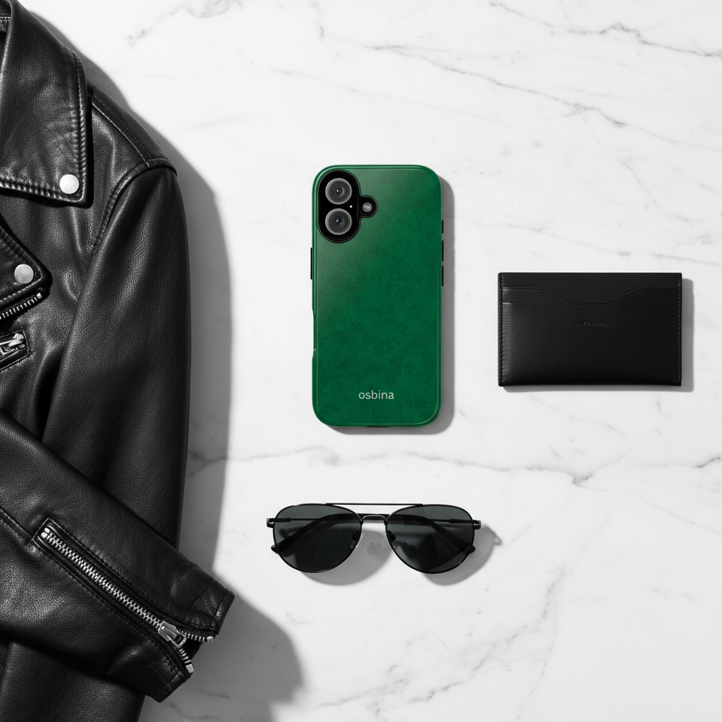 Obsidian Verde Flat Lay - With Leather Jacket